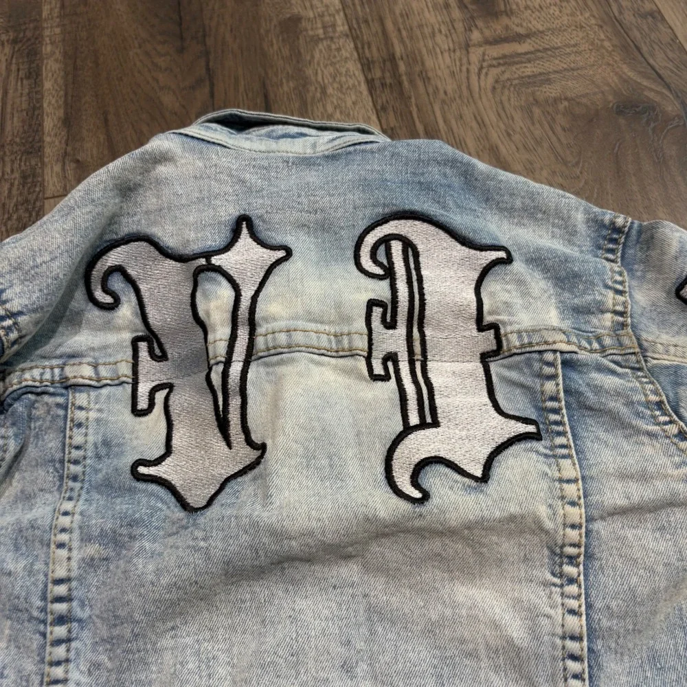 Evolution In Design‎ Denim Jacket Kids Size 5 Blue Gothic Patch Distressed